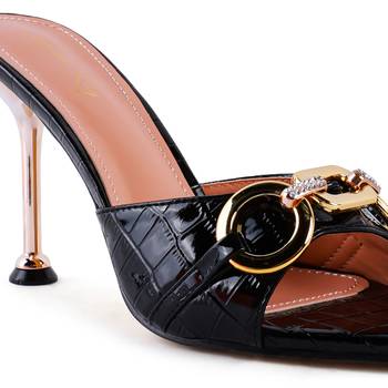 Black Buckled High Heel Slide Sandals 4