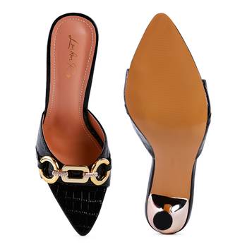 Black Buckled High Heel Slide Sandals 5