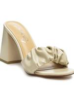 Beige Mid Block Heel Pleated Strap Sandals
