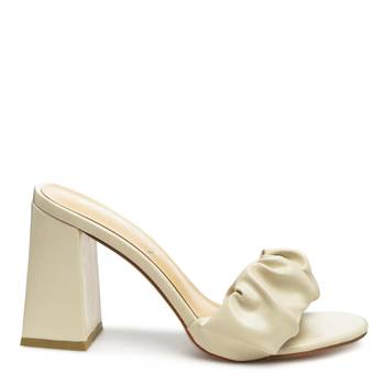 Beige Mid Block Heel Pleated Strap Sandals
 2