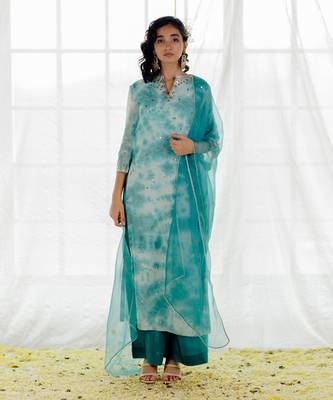 Turquoise Blue Georgette Embroidered Straight Kurta Set 1