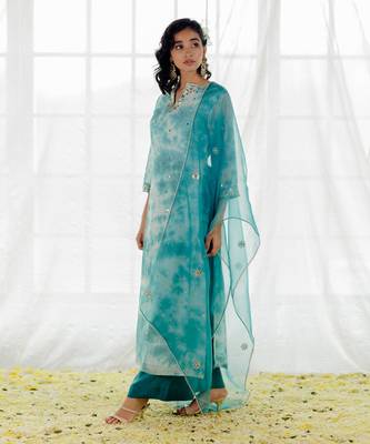 Turquoise Blue Georgette Embroidered Straight Kurta Set 2