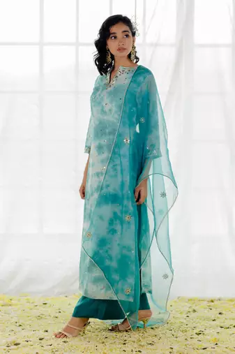 Turquoise Blue Georgette Embroidered Straight Kurta Set