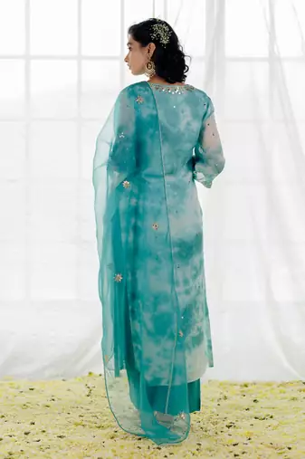 Turquoise Blue Georgette Embroidered Straight Kurta Set