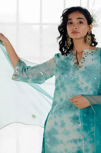 Turquoise Blue Georgette Embroidered Straight Kurta Set