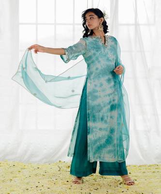 Turquoise Blue Georgette Embroidered Straight Kurta Set 5