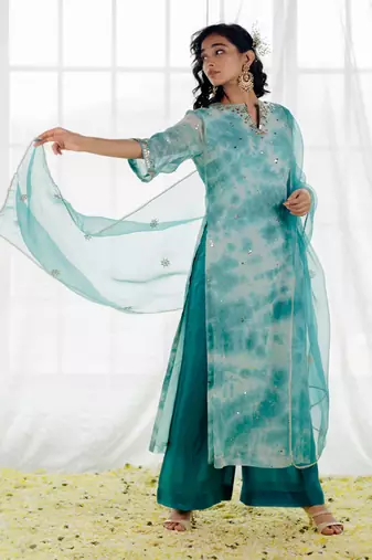 Turquoise Blue Georgette Embroidered Straight Kurta Set