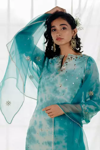 Turquoise Blue Georgette Embroidered Straight Kurta Set
