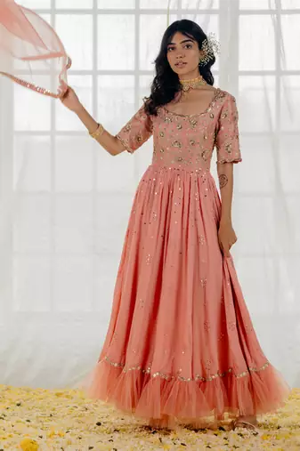 Rose Pink Silk Embroidered Anarkali Set
