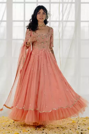 Rose Pink Silk Embroidered Anarkali Set