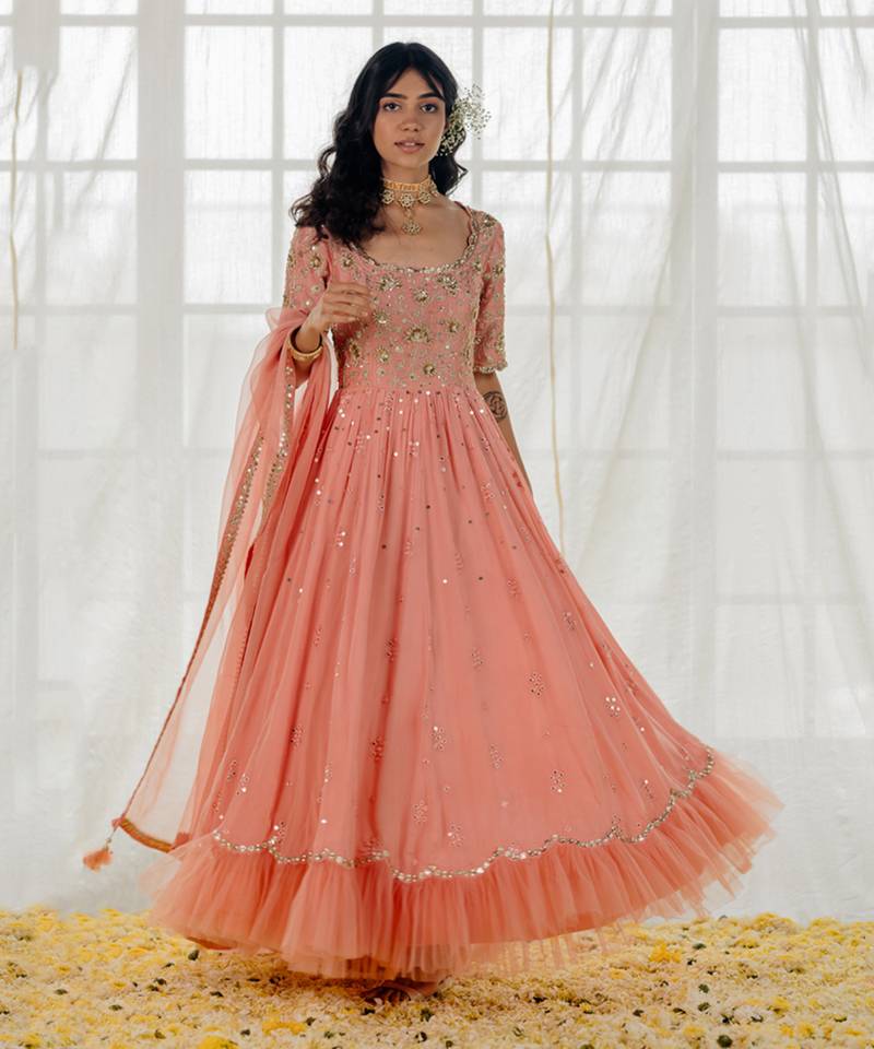 Rose Pink Silk Embroidered Anarkali Set
