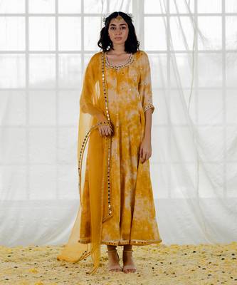 Mustard Marble Dyed Georgette Embroidered Anarkali Set 1