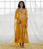 Mustard Marble Dyed Georgette Embroidered Anarkali Set