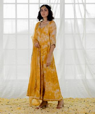 Mustard Marble Dyed Georgette Embroidered Anarkali Set 2