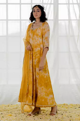 Mustard Marble Dyed Georgette Embroidered Anarkali Set