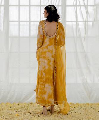 Mustard Marble Dyed Georgette Embroidered Anarkali Set 3