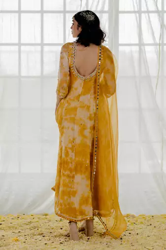 Mustard Marble Dyed Georgette Embroidered Anarkali Set