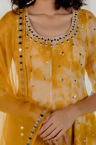 Mustard Marble Dyed Georgette Embroidered Anarkali Set