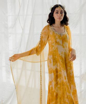 Mustard Marble Dyed Georgette Embroidered Anarkali Set 5