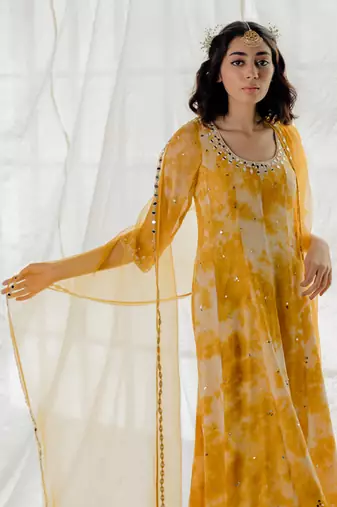 Mustard Marble Dyed Georgette Embroidered Anarkali Set