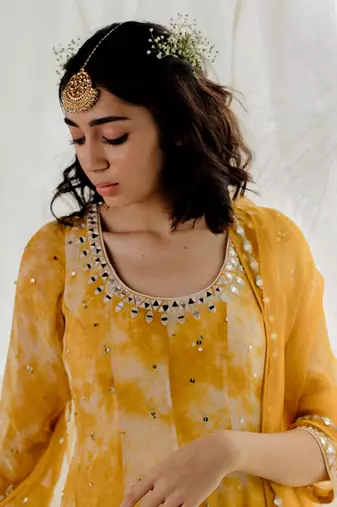 Mustard Marble Dyed Georgette Embroidered Anarkali Set