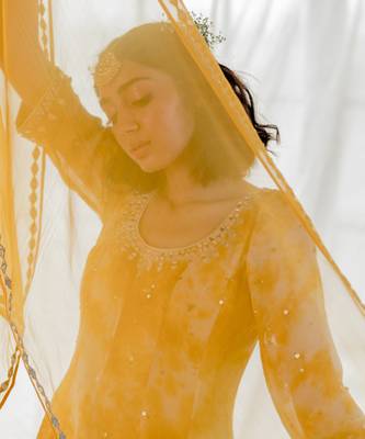 Mustard Marble Dyed Georgette Embroidered Anarkali Set 7