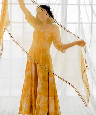 Mustard Marble Dyed Georgette Embroidered Anarkali Set 8