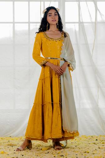 Mustard Chinon Chiffon Mirror Work Tiered Anarkali Set
