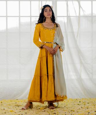 Mustard Chinon Chiffon Mirror Work Tiered Anarkali Set 1