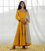 Mustard Chinon Chiffon Mirror Work Tiered Anarkali Set