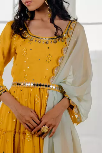 Mustard Chinon Chiffon Mirror Work Tiered Anarkali Set