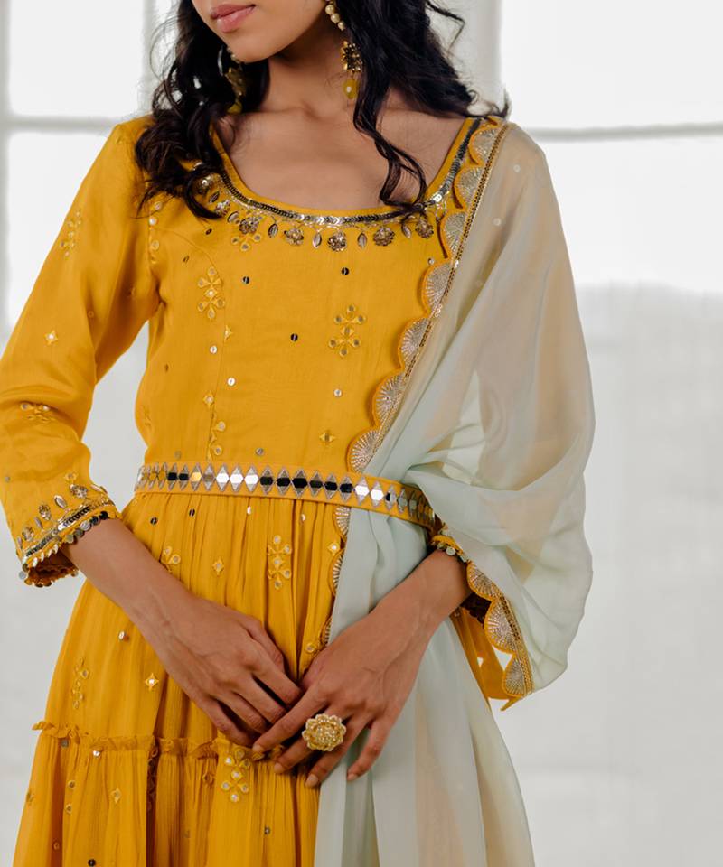 Mustard Chinon Chiffon Mirror Work Tiered Anarkali Set