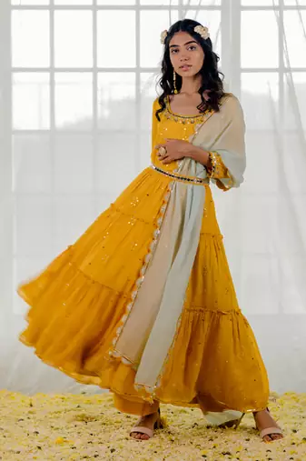Mustard Chinon Chiffon Mirror Work Tiered Anarkali Set