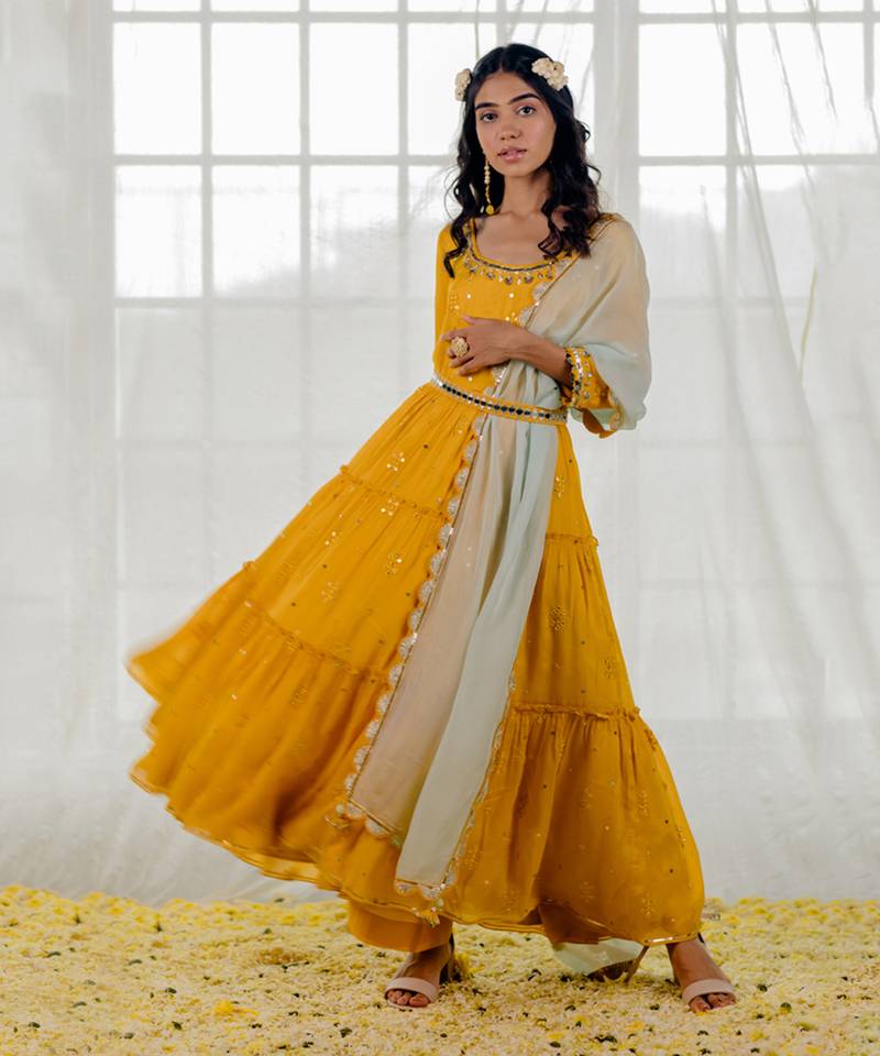 Mustard Chinon Chiffon Mirror Work Tiered Anarkali Set
