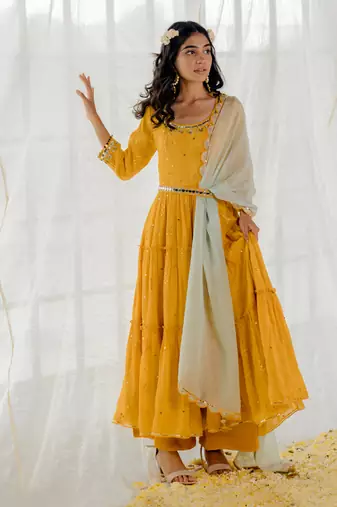 Mustard Chinon Chiffon Mirror Work Tiered Anarkali Set