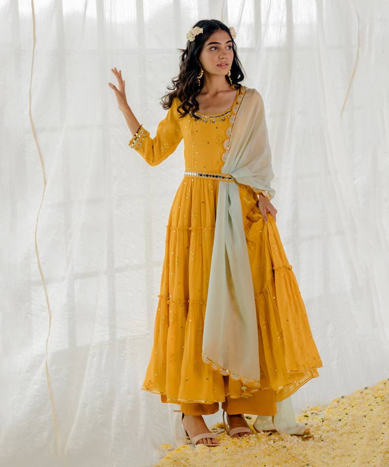 Mustard Chinon Chiffon Mirror Work Tiered Anarkali Set