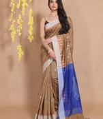 Dark Beige Blended Cotton Handwoven Saree With Ethnic Zari Motifs And Temple Borders