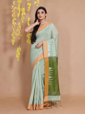 Tea Green Blended Cotton Handwoven Saree With Ethnic Zari Motifs And Temple Borders 1