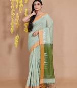 Tea Green Blended Cotton Handwoven Saree With Ethnic Zari Motifs And Temple Borders