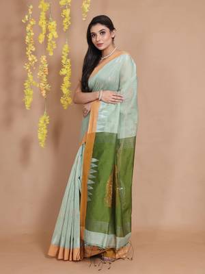 Tea Green Blended Cotton Handwoven Saree With Ethnic Zari Motifs And Temple Borders 2