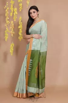Tea Green Blended Cotton Handwoven Saree With Ethnic Zari Motifs And Temple Borders