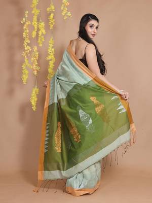 Tea Green Blended Cotton Handwoven Saree With Ethnic Zari Motifs And Temple Borders 3