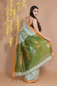 Tea Green Blended Cotton Handwoven Saree With Ethnic Zari Motifs And Temple Borders