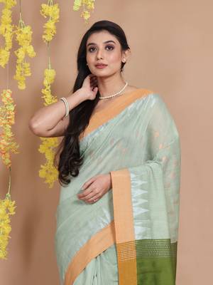 Tea Green Blended Cotton Handwoven Saree With Ethnic Zari Motifs And Temple Borders 4