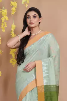 Tea Green Blended Cotton Handwoven Saree With Ethnic Zari Motifs And Temple Borders