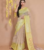 Beige Cotton Handspun Saree With Zari Woven Designs And Motifs