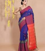 Royal Blue Blended Cotton Handwoven Saree With Geometric Patterns And Ethnic Designs