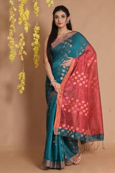 Teal Blended Cotton Handwoven Saree With Floral Zari Motifs And Striped Pallu