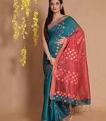 Teal Blended Cotton Handwoven Saree With Floral Zari Motifs And Striped Pallu