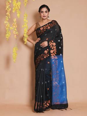 Black Blended Cotton Handwoven Saree With Zari Woven Floral Motifs And Designs 1